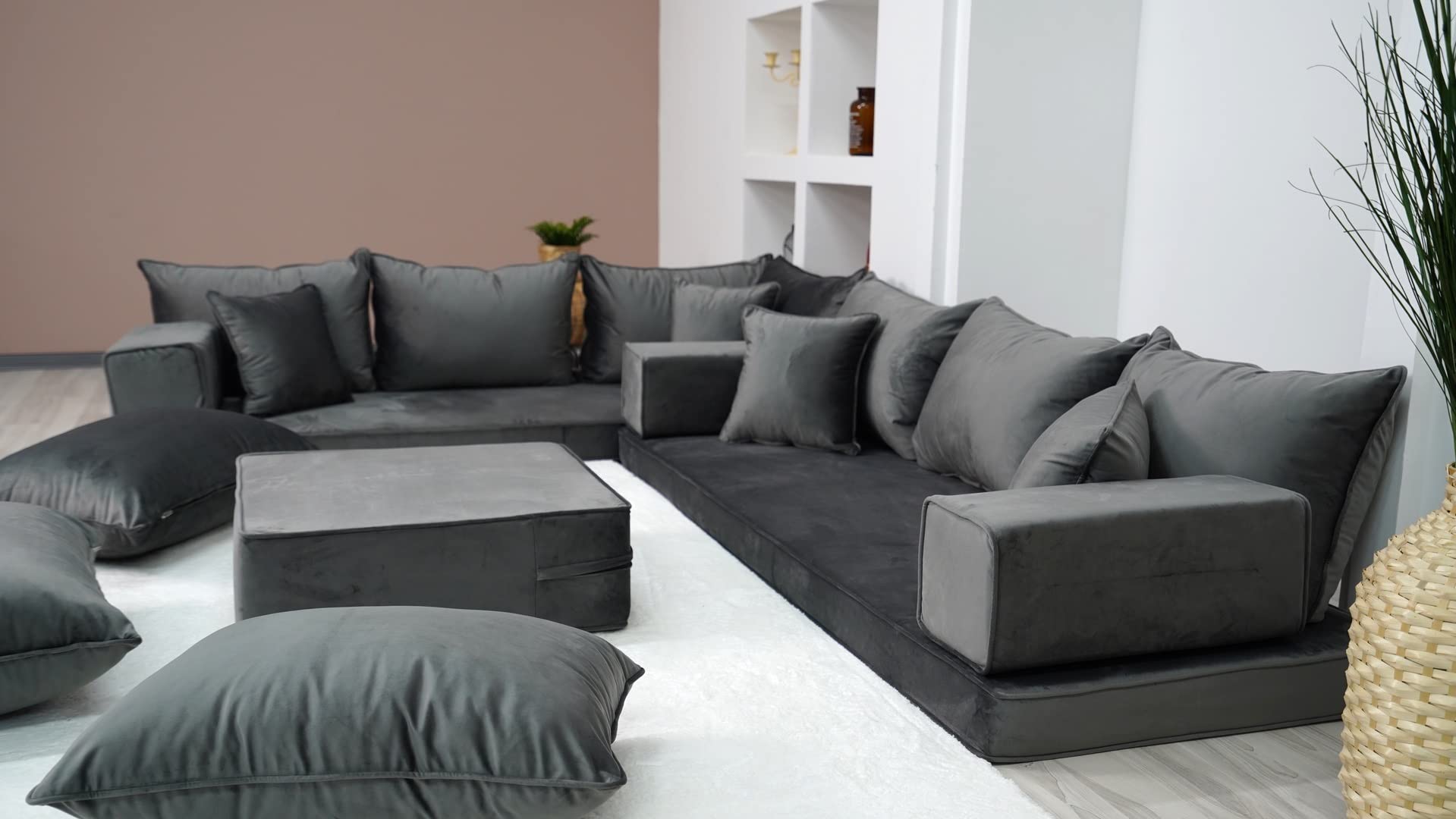 Dark Gray Color Modern Livingroom Floor Cushions, Sectional Sofas, Pallet Sofa, Moroccan Home Decor Livingroom Sofa, Luxury Arabic Sofa Set (L Sofa + Ottoman + Pillows)