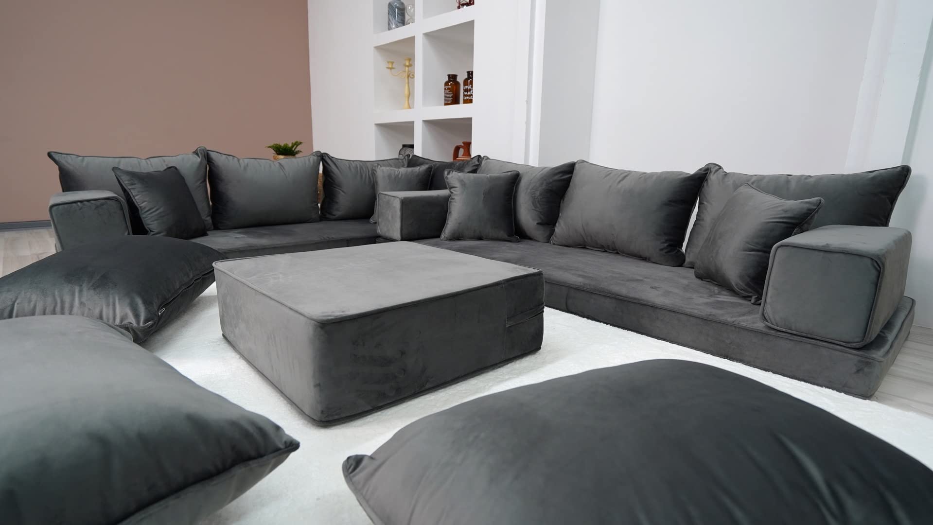 Dark Gray Color Modern Livingroom Floor Cushions, Sectional Sofas, Pallet Sofa, Moroccan Home Decor Livingroom Sofa, Luxury Arabic Sofa Set (L Sofa + Ottoman + Pillows)