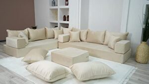 8" thickness velvet beige color l shaped floor seating, arabic seating couch, luxury velvet floor seating, corner sectional sofa, loveseats (l sofa + ottoman + pillows)