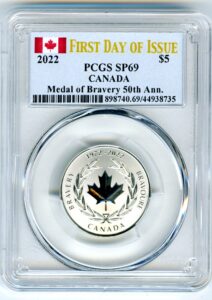 2022 ca royal canadian mint canada medal of bravery silver first day of issue $5 pcgs sp69