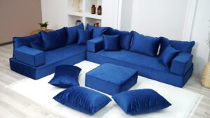 8" thickness fabric royal blue l shaped couch, moroccan livingroom floor couch, velvet sofa cover, sofa bed, velvet arabic seating (l sofa + ottoman + pillows)