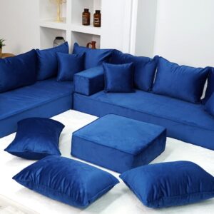 8" Thickness Fabric Royal Blue L Shaped Couch, Moroccan Livingroom Floor Couch, Velvet Sofa Cover, Sofa Bed, Velvet Arabic Seating (L Sofa + Ottoman + Pillows)