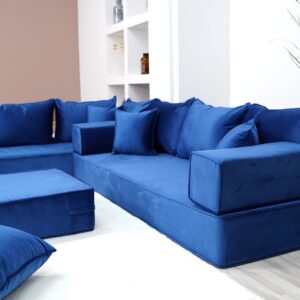 8" Thickness Fabric Royal Blue L Shaped Couch, Moroccan Livingroom Floor Couch, Velvet Sofa Cover, Sofa Bed, Velvet Arabic Seating (L Sofa + Ottoman + Pillows)