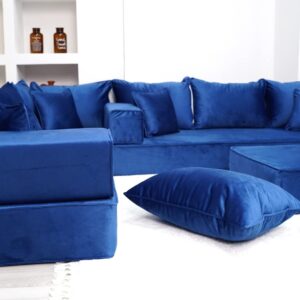 8" Thickness Fabric Royal Blue L Shaped Couch, Moroccan Livingroom Floor Couch, Velvet Sofa Cover, Sofa Bed, Velvet Arabic Seating (L Sofa + Ottoman + Pillows)