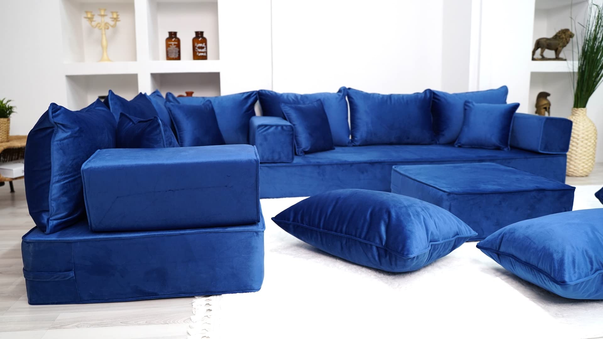 8" Thickness Fabric Royal Blue L Shaped Couch, Moroccan Livingroom Floor Couch, Velvet Sofa Cover, Sofa Bed, Velvet Arabic Seating (L Sofa + Ottoman + Pillows)