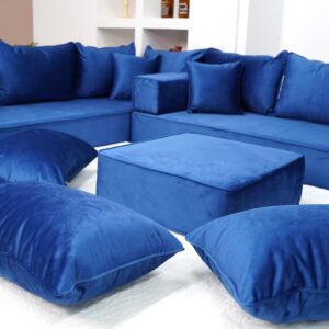 8" Thickness Fabric Royal Blue L Shaped Couch, Moroccan Livingroom Floor Couch, Velvet Sofa Cover, Sofa Bed, Velvet Arabic Seating (L Sofa + Ottoman + Pillows)