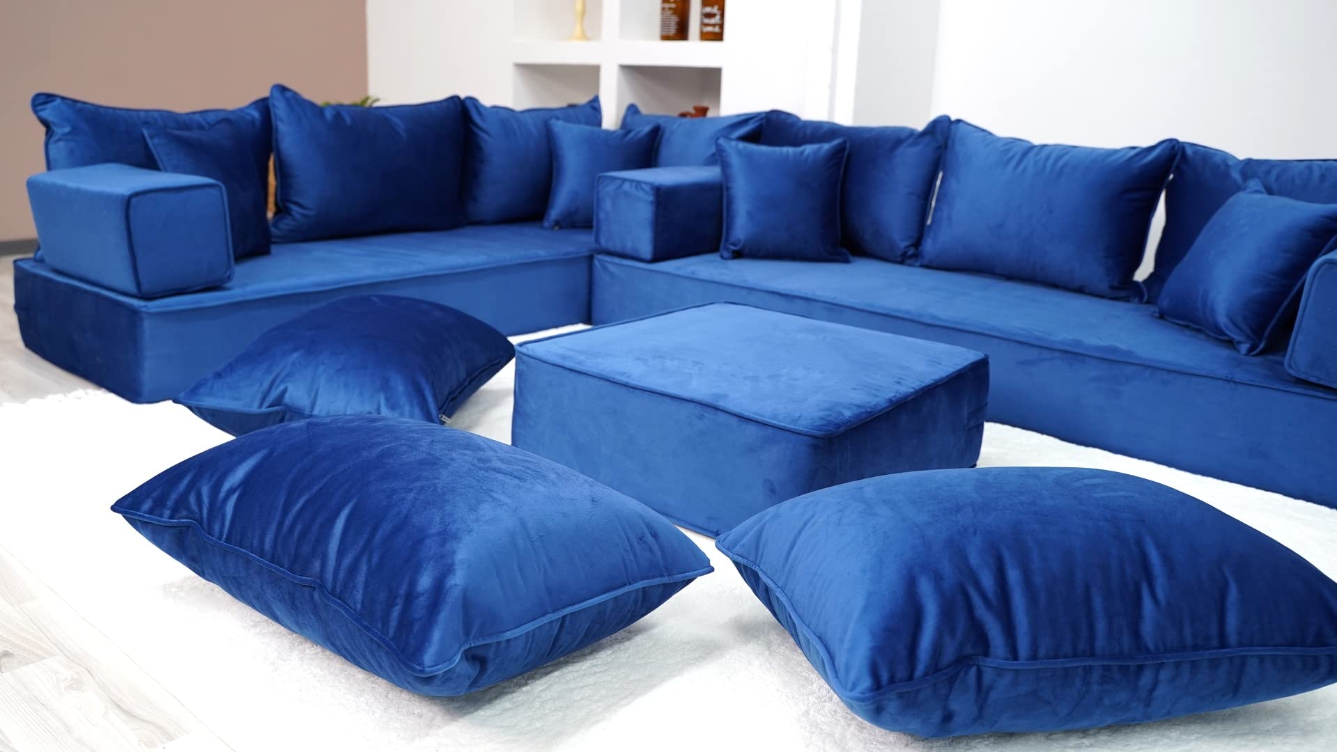 8" Thickness Fabric Royal Blue L Shaped Couch, Moroccan Livingroom Floor Couch, Velvet Sofa Cover, Sofa Bed, Velvet Arabic Seating (L Sofa + Ottoman + Pillows)