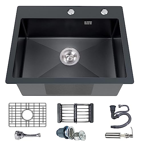 Black Kitchen Sink Stainless Steel 19.7 x 15.7 Inch Single Bowl Drop In Kitchen Sink With Gift: Stainless Steel Bottom Grid, Faucet Sprayer, Drain Strainer Set for Modern Kitchen Sink