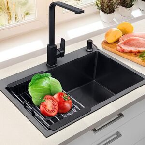 Black Kitchen Sink Stainless Steel 19.7 x 15.7 Inch Single Bowl Drop In Kitchen Sink With Gift: Stainless Steel Bottom Grid, Faucet Sprayer, Drain Strainer Set for Modern Kitchen Sink