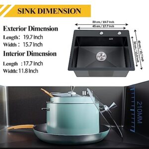 Black Kitchen Sink Stainless Steel 19.7 x 15.7 Inch Single Bowl Drop In Kitchen Sink With Gift: Stainless Steel Bottom Grid, Faucet Sprayer, Drain Strainer Set for Modern Kitchen Sink