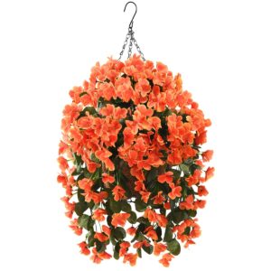 inqcmy artificial hanging flowers in basket for patio garden decor,artificial plant with coconut lining hanging baskets,begonia flower for the decoration of outdoors and indoors(orange)