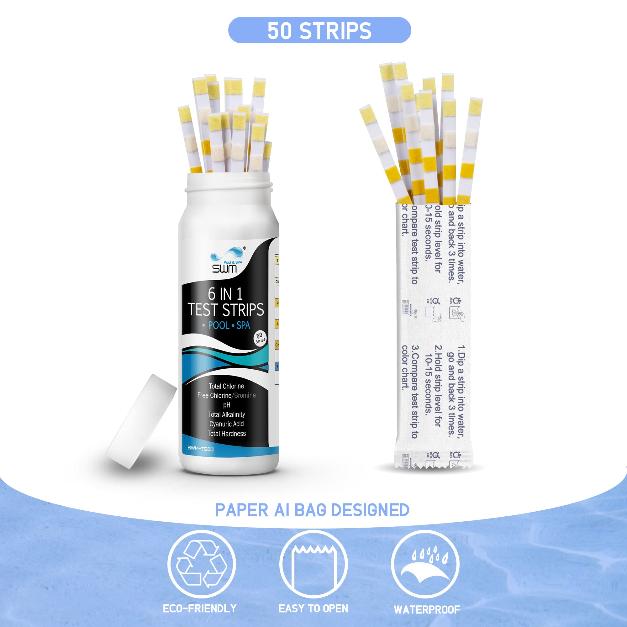 SWM Pool&Spa 6in1 Test Strips, 100 ct, Accurate 7 Parameters Water Chemical Testing Kit, pH, Bromine, Total Alkalinity, Total&Free Chlorine, Total Hardness, Cyanuric Acid(2 Pack of 50)