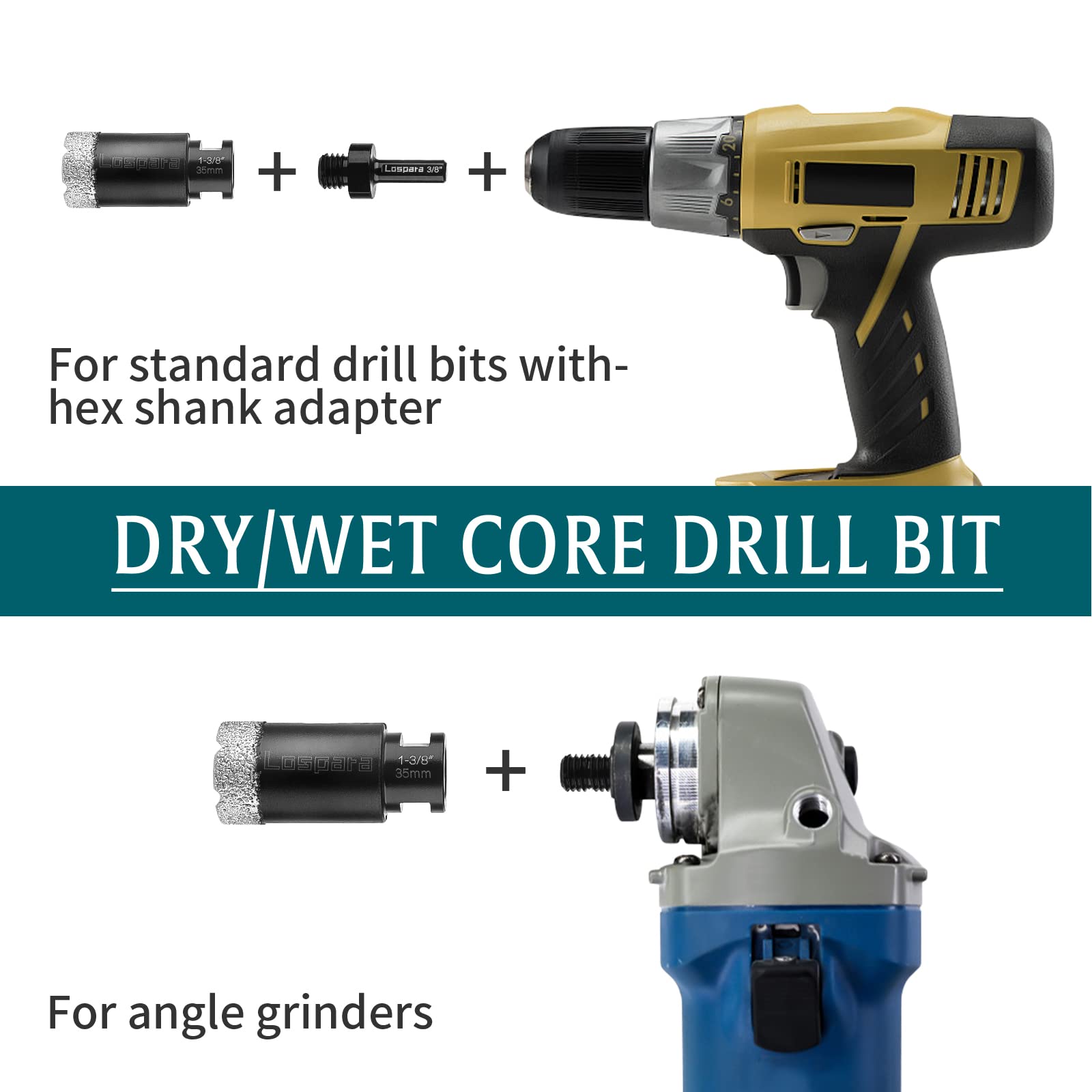 Dry Diamond Core Drill Bit, 1-3/8" 35mm Vacuum Brazed Hole Saw for Marble Porcelain Brick Masonry Concrete Hard Materials, Diamond Tile Hole Saws with 5/8-11 Thread Plus 3/8 Hex Shank Adapter