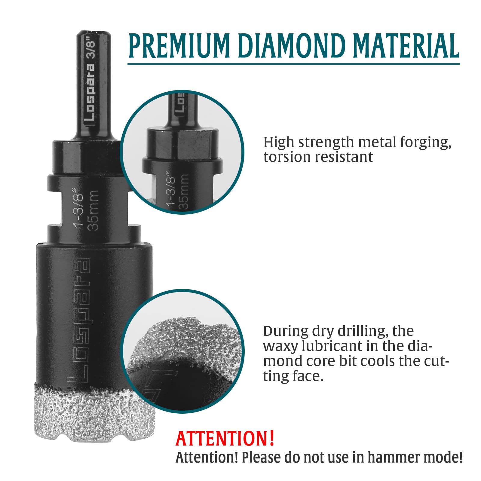 Dry Diamond Core Drill Bit, 1-3/8" 35mm Vacuum Brazed Hole Saw for Marble Porcelain Brick Masonry Concrete Hard Materials, Diamond Tile Hole Saws with 5/8-11 Thread Plus 3/8 Hex Shank Adapter