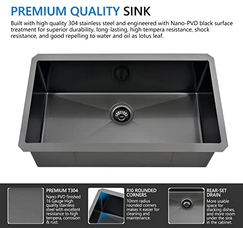 33 Black Undermount Kitchen Sink, 33x19x10 Inch 16 Gauge Black Stainless Steel Single Bowl Workstation Kitchen Sinks With Accessories BL34