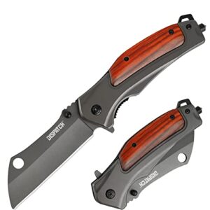 dispatch tactical folding pocket knife, grey titanium blade, and stainless steel wood handle hunting hiking edc knife for women, camping outdoor gifts for men dad husband, unique birthday gift for lovers