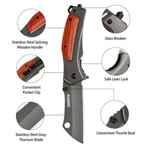 DISPATCH Tactical Folding Pocket Knife, Grey Titanium Blade, and Stainless Steel Wood Handle Hunting Hiking EDC Knife for Women, Camping Outdoor Gifts for Men Dad Husband, Unique Birthday Gift for Lovers