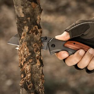 DISPATCH Tactical Folding Pocket Knife, Grey Titanium Blade, and Stainless Steel Wood Handle Hunting Hiking EDC Knife for Women, Camping Outdoor Gifts for Men Dad Husband, Unique Birthday Gift for Lovers