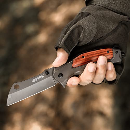 DISPATCH Tactical Folding Pocket Knife, Grey Titanium Blade, and Stainless Steel Wood Handle Hunting Hiking EDC Knife for Women, Camping Outdoor Gifts for Men Dad Husband, Unique Birthday Gift for Lovers