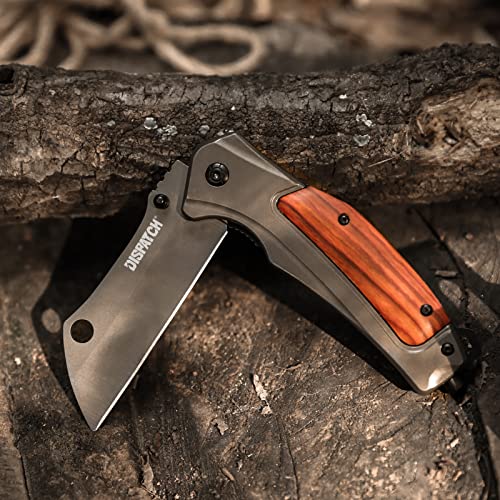 DISPATCH Tactical Folding Pocket Knife, Grey Titanium Blade, and Stainless Steel Wood Handle Hunting Hiking EDC Knife for Women, Camping Outdoor Gifts for Men Dad Husband, Unique Birthday Gift for Lovers