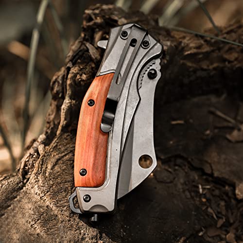 DISPATCH Tactical Folding Pocket Knife, Grey Titanium Blade, and Stainless Steel Wood Handle Hunting Hiking EDC Knife for Women, Camping Outdoor Gifts for Men Dad Husband, Unique Birthday Gift for Lovers