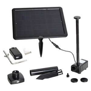 hybrid solar water pump. smart tech ensures longer pumping hours: 3 hours lightning after sunset. 6w solar panel, 4 types nozzles, water fountain for garden, ponds, pool, fish tank, aquarium.