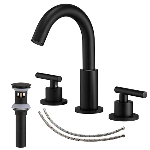 BATHLAVISH 180° Swivel Spout Matte Black Bathroom Faucet 3 Hole 8 Inch Widespread Two Handle Lavatory Vanity Sink Modern with Pop Up Drain with Overflow Set 3 Piece Mixer Tap