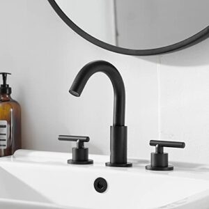 BATHLAVISH 180° Swivel Spout Matte Black Bathroom Faucet 3 Hole 8 Inch Widespread Two Handle Lavatory Vanity Sink Modern with Pop Up Drain with Overflow Set 3 Piece Mixer Tap