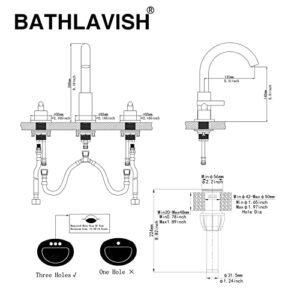 BATHLAVISH 180° Swivel Spout Matte Black Bathroom Faucet 3 Hole 8 Inch Widespread Two Handle Lavatory Vanity Sink Modern with Pop Up Drain with Overflow Set 3 Piece Mixer Tap