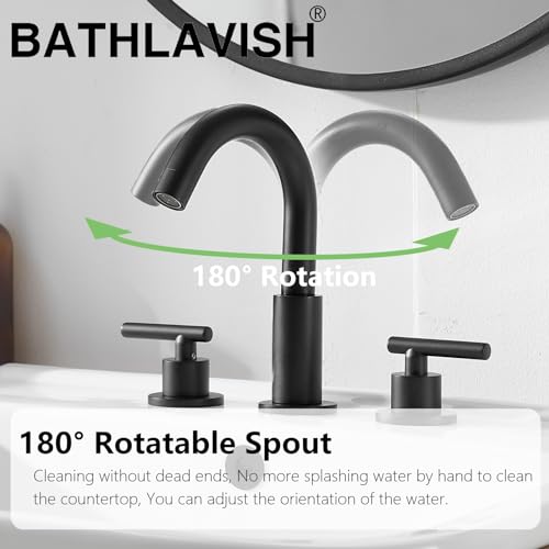 BATHLAVISH 180° Swivel Spout Matte Black Bathroom Faucet 3 Hole 8 Inch Widespread Two Handle Lavatory Vanity Sink Modern with Pop Up Drain with Overflow Set 3 Piece Mixer Tap