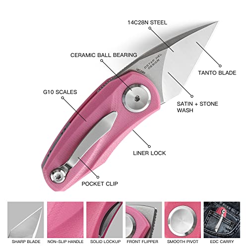 BESTECH KNIVES Pink Folding Pocket Knife: 1.53" 14C28N Steel Stain Stonewash Tanto Blade, G10 Handle, Front Flipper Liner Lock, EDC Gift for Wife Mother Sister (BG38E Pink)