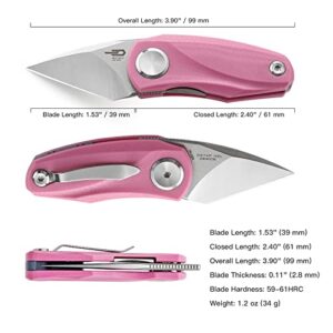 BESTECH KNIVES Pink Folding Pocket Knife: 1.53" 14C28N Steel Stain Stonewash Tanto Blade, G10 Handle, Front Flipper Liner Lock, EDC Gift for Wife Mother Sister (BG38E Pink)