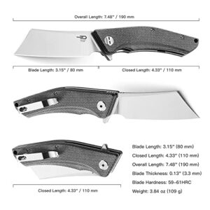 BESTECH KNIVES Cleaver Folding Pocket Knife: 3.15" D2 Steel Stain Stonewashed Cleaver Blade, Micarta Handle, Flipper Liner Lock, for Camping Fishing Hiking Hunting (BG42A Black)