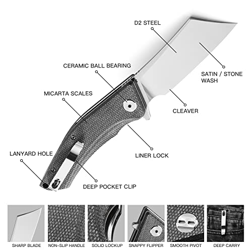 BESTECH KNIVES Cleaver Folding Pocket Knife: 3.15" D2 Steel Stain Stonewashed Cleaver Blade, Micarta Handle, Flipper Liner Lock, for Camping Fishing Hiking Hunting (BG42A Black)