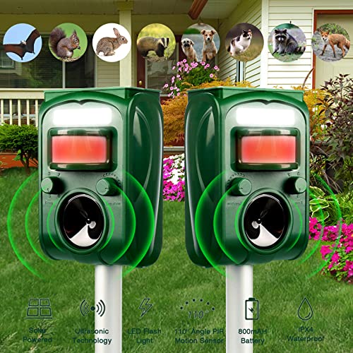 Solar Animal Repeller 2-Pack, Outdoor Waterproof with Motion Detevtor, Cat Deer Repeller, Drive Away Dog -Cat -Squirrel -Skunk -Rabbit -Rodent -Fox -Coyotes -Rat