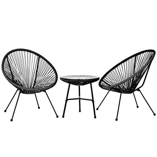 Arlopu 3-Piece Outdoor Acapulco Chairs Patio Conversation Bistro Set, with Plastic Rope, Glass Tabletop, All-Weather Rattan Woven Rope Mid-Century Modern Style Furniture Chat Set (Black)