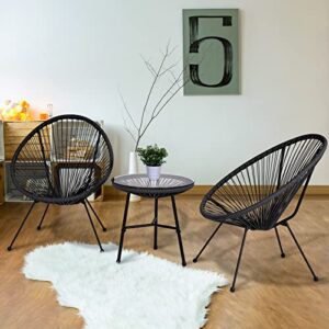 Arlopu 3-Piece Outdoor Acapulco Chairs Patio Conversation Bistro Set, with Plastic Rope, Glass Tabletop, All-Weather Rattan Woven Rope Mid-Century Modern Style Furniture Chat Set (Black)