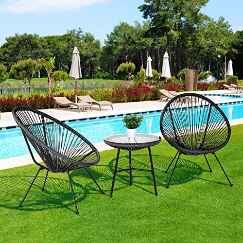 Arlopu 3-Piece Outdoor Acapulco Chairs Patio Conversation Bistro Set, with Plastic Rope, Glass Tabletop, All-Weather Rattan Woven Rope Mid-Century Modern Style Furniture Chat Set (Black)