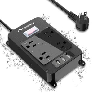 outdoor power strip weatherproof with 4 outlets, outdoor surge protector waterproof, 3 usb ports, 6 ft extension cord, electric shockproof, plug extender wall mount for bathroom kitchen patio,black