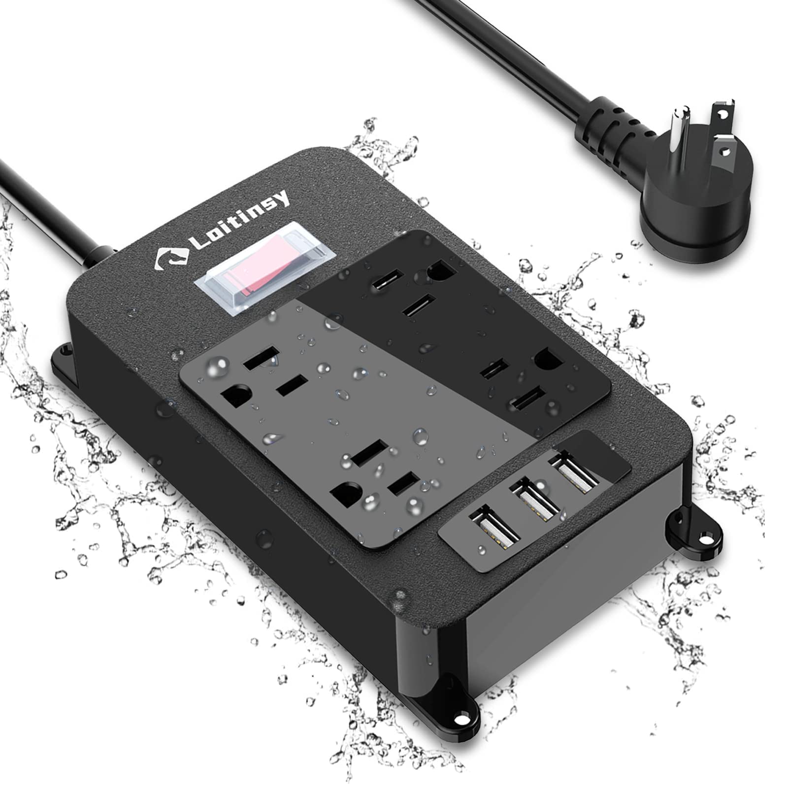 Outdoor Power Strip Weatherproof with 4 Outlets, Outdoor Surge Protector Waterproof, 3 USB Ports, 6 FT Extension Cord, Electric Shockproof, Plug Extender Wall Mount for Bathroom Kitchen Patio,Black