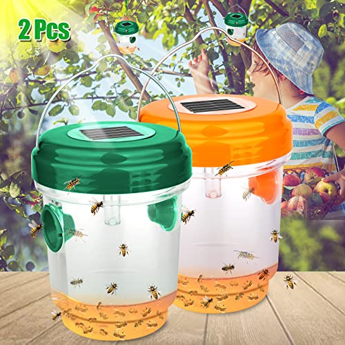 Wasp Traps, Solar Bee Trap Catcher, Wasp Catchers Yellow Jacket Trap with UV LED Light, Nontoxic Reusable Wasp Trap Outdoor Hanging, Wasp Killer for Trapping Wasp, Hornet, Bee (2-Pack, Orange+Green)