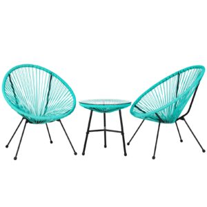 arlopu 3-piece outdoor acapulco chairs patio conversation bistro set, with plastic rope, glass tabletop, all-weather rattan woven rope mid-century modern style furniture chat set (green)