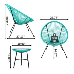 Arlopu 3-Piece Outdoor Acapulco Chairs Patio Conversation Bistro Set, with Plastic Rope, Glass Tabletop, All-Weather Rattan Woven Rope Mid-Century Modern Style Furniture Chat Set (Green)