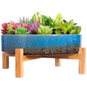 ARTKETTY Succulent Pots, 11 Inch Large Succulent Planters Pots with Drainage Ceramic Bonsai Pots with Bamboo Stand, Shallow Planters for Indoor/Outdoor Plants Modern Cactus Flower Plant Bowl (Blue)