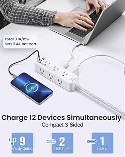 Power Strip Surge Protector with 9 Outlets 2 USB Ports 1 USB C,3 Sided 4.5Ft Braided Extension Cord,Flat Plug Wall Mount Wall Outlets Extender Desktop Charging Station for Home,Office