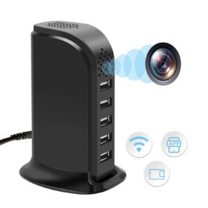 wifi usb charger hidden camera, indoor security spy camera with 1080p hd video recording, app remote view, motion detection alarm push, 5-port usb charging station, secret nanny cam for home/office