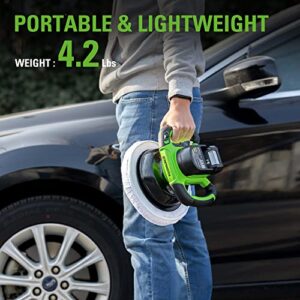 Greenworks 24V Powerful 10" Cordless Orbital Buffer, 10-inch pad 2800 RPM waxing machine with 4 Buffing Bonnets, 2.0Ah USB (Power Bank) Battery & 2A Charger included