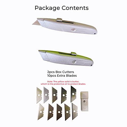 Box Cutter Retractable Heavy Duty, 2 Pack Utility Knife Set for Boxes, Wallpaper, Plastic, Cardboard etc. (Include 10pcs Extra Blades)