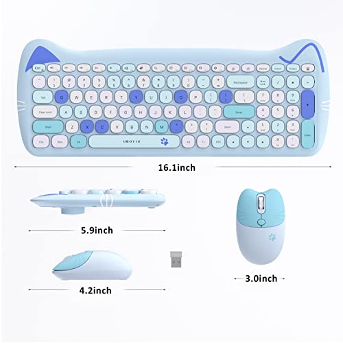 UBOTIE Wireless Keyboards and Mice Combos, Colorful Cute Cat Pattern Slim Compact Size 100keys Keyboard, 2.4GHz Cordless Connection with Optical Mouse (Blue-Colorful)