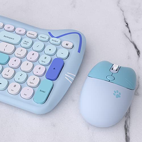 UBOTIE Wireless Keyboards and Mice Combos, Colorful Cute Cat Pattern Slim Compact Size 100keys Keyboard, 2.4GHz Cordless Connection with Optical Mouse (Blue-Colorful)